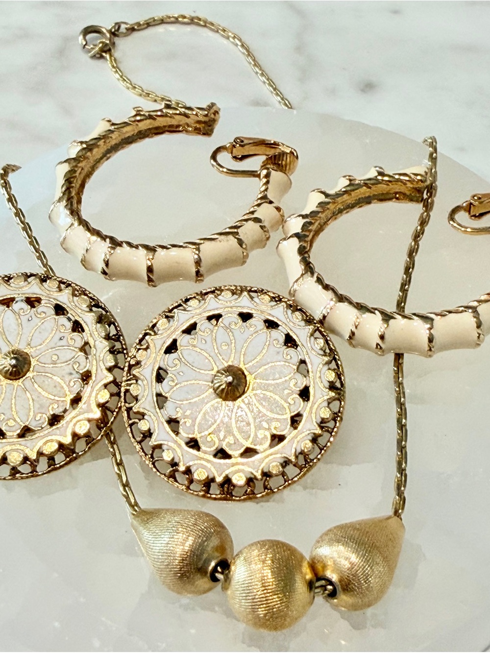 Gold and White Filigree Hoop Earrings and Pendant Necklace Trio - Picture 2 of 4
